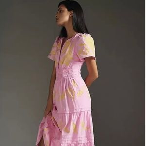 Anthropologie Somerset Embroidered Maxi Dress Tiered Pink Size Medium NEW